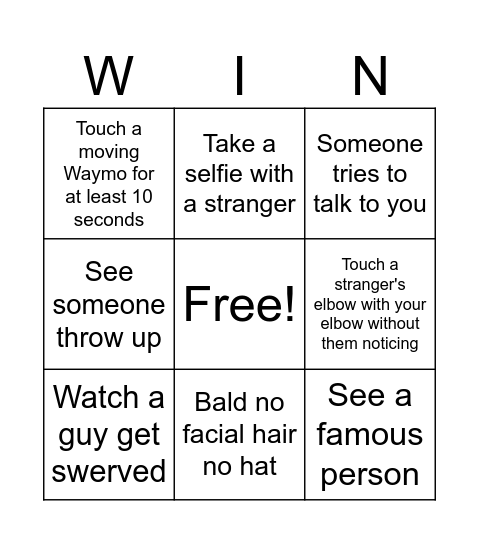 Night Out Bingo Card