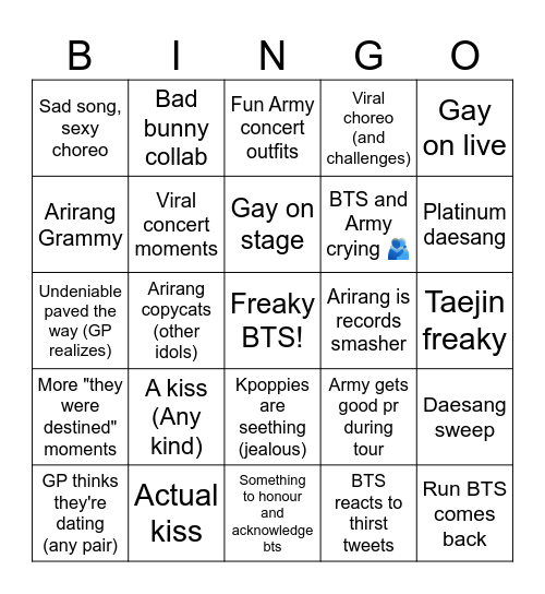 BTS Arirang Bingo Card
