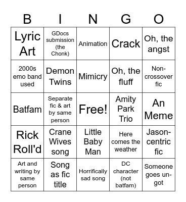 WCT Songs Bingo Card