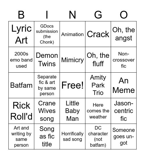 WCT Songs Bingo Card