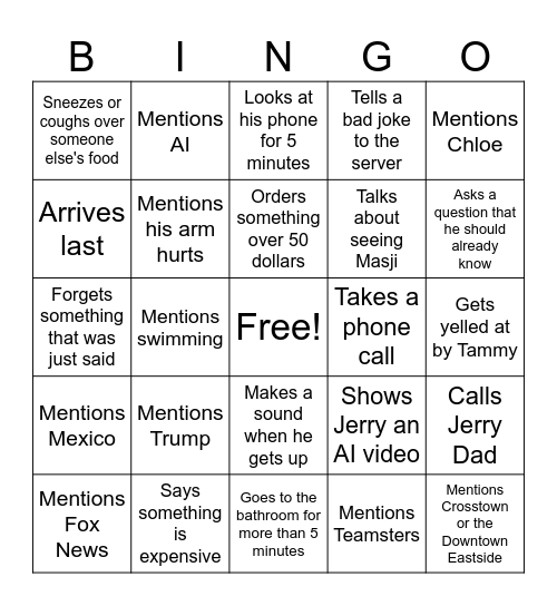 Grant at the Keg Bingo Card