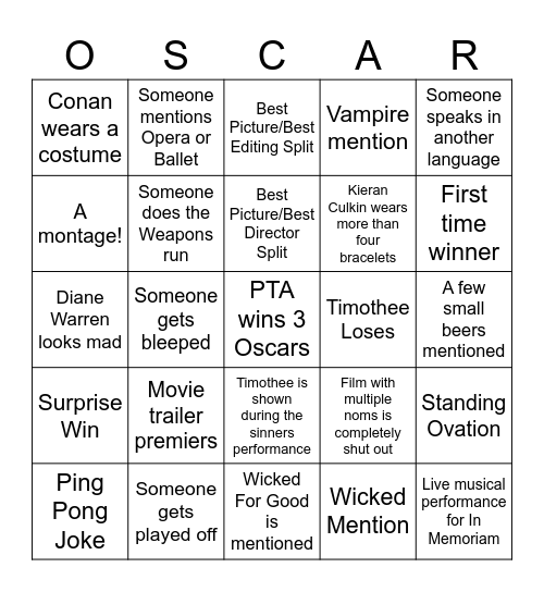 Oscars 2026 Bingo Card
