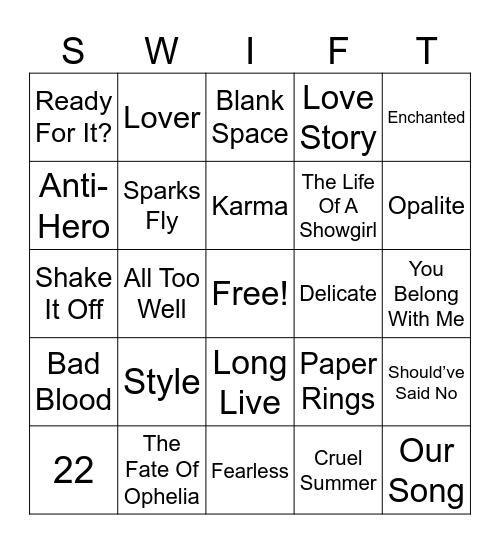 Swift Bingo Card