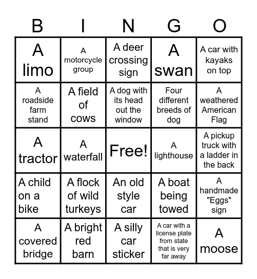 Road Trip Bingo Card