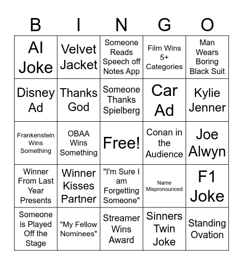 98th Academy Award Bingo Card