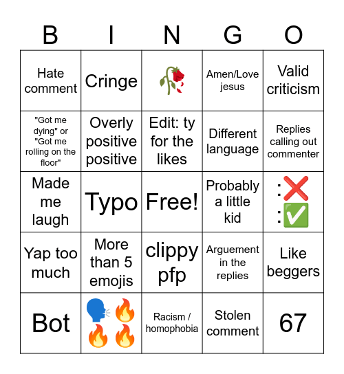 Shorts Comments Bingo Card