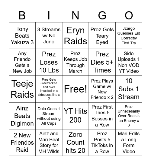 Yakuza 5 Bingo Card