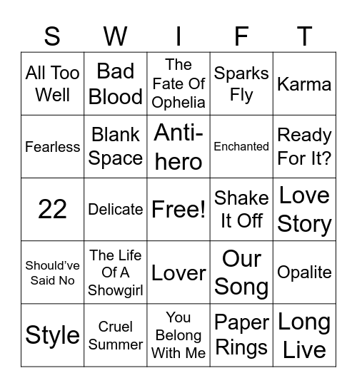 Swift Bingo Card