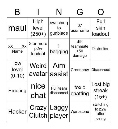 Rivals Bingo Card