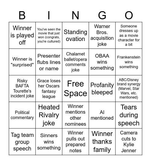 Oscars bingo! Bingo Card