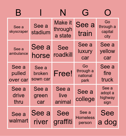 ROAD TRIP Bingo Card