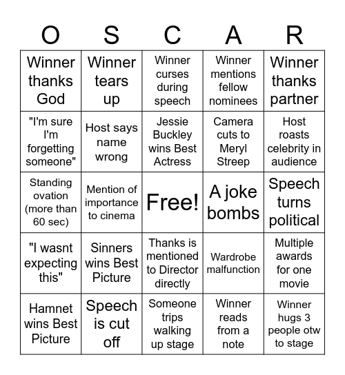 2026 Oscar Bingo Card