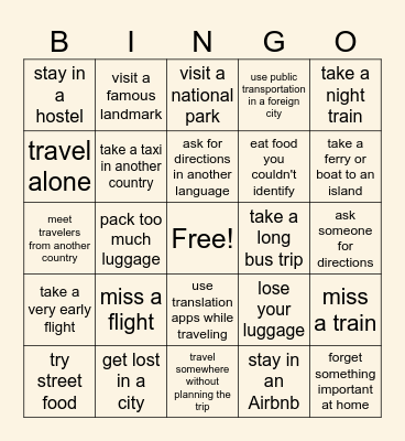 Travel bingo Card