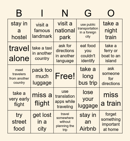 Travel bingo Card