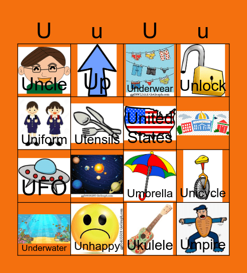 Letter U Bingo Card