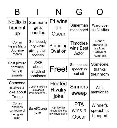 Oscar Bingo Card