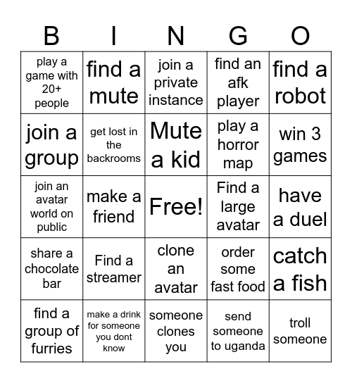 vrchat bingo version 1 Bingo Card