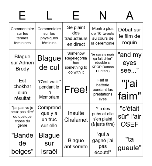 Oscars : Elena edition Bingo Card