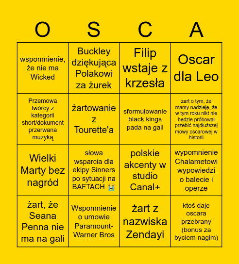 Oscary 2026 Bingo Card