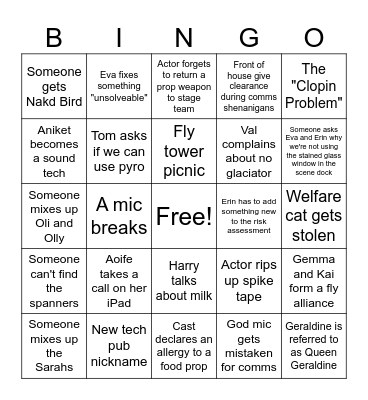 Hunchback Prod Team Bingo Card
