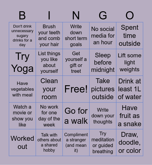 Self Care Bingo Card