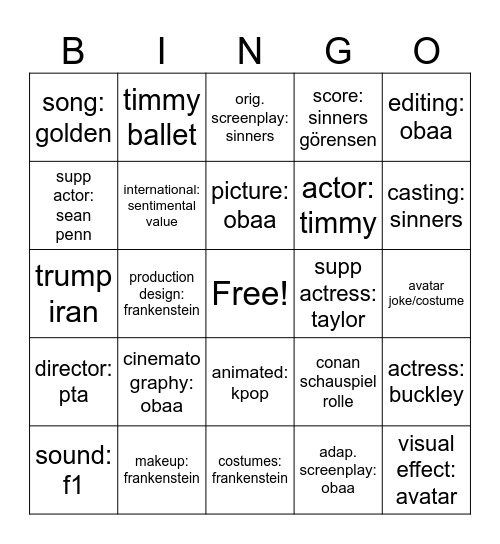 oscar Bingo Card