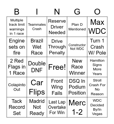 Dans F1 Bingo 2026 Bingo Card