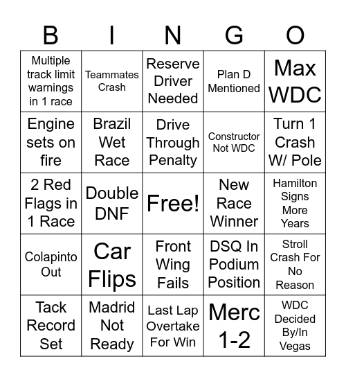 Dans F1 Bingo 2026 Bingo Card