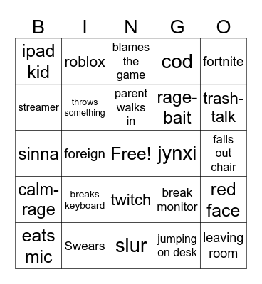gamer rage Bingo Card