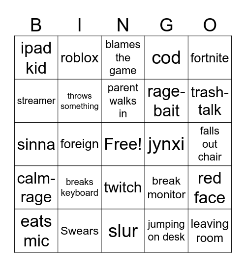 gamer rage Bingo Card