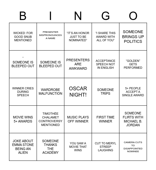 OSCARS BINGO Card