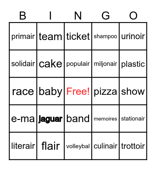 Jaguar Bingo Card