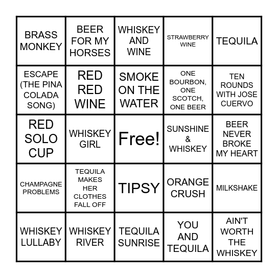SONGS WITH DRINKS IN THE TITLE Bingo Card