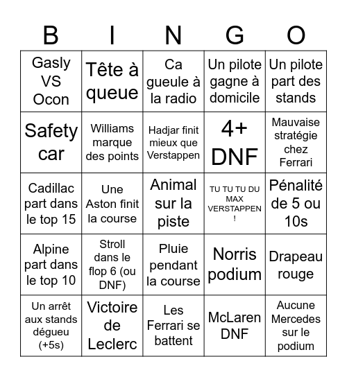 Bingo F1 Bingo Card