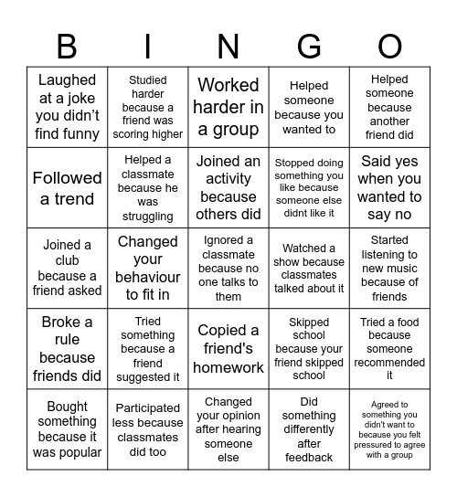 Influence Bingo Card