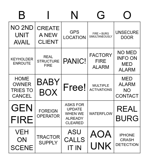 ALARM CALL BINGO Card
