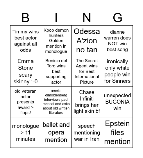Oscars 2026 Stephe's Bingo Card