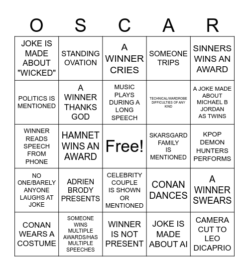 THE 98TH ANNUAL ACADEMY AWARDS Bingo Card