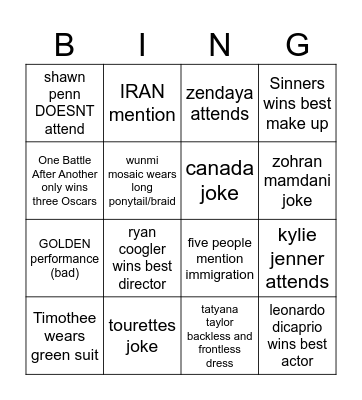 Oscars 2026 Sami's Bingo Card