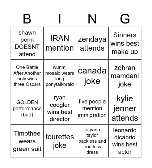Oscars 2026 Sami's Bingo Card