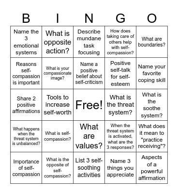 Self-Compassion Bingo Card