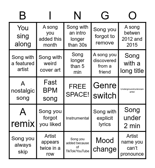 Spotify Liked Playlist Bingo Card
