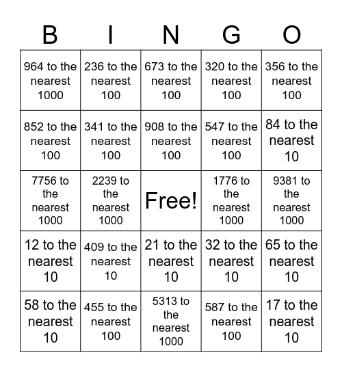 Rounding off Numbers Bingo Card