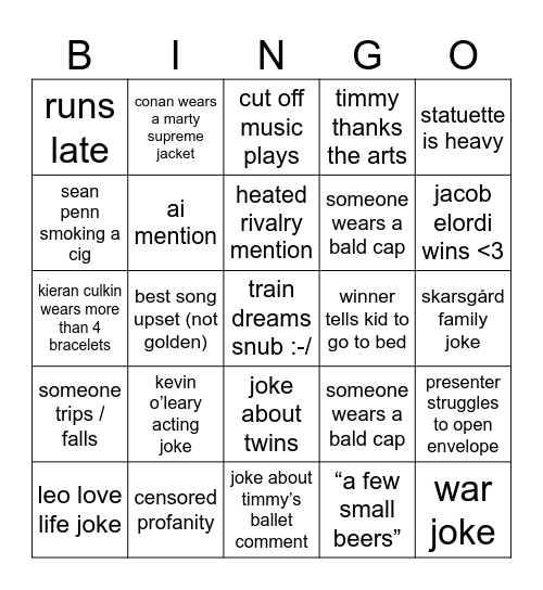 oscars 2026 Bingo Card