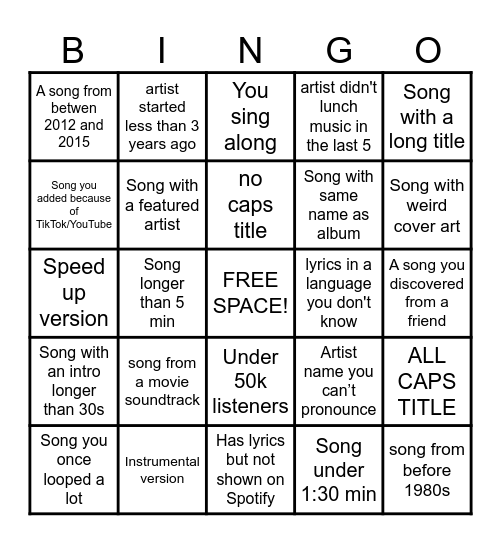 Spotify Liked Playlist Bingo Card