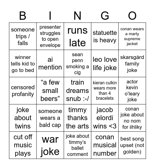 oscars 2026 Bingo Card