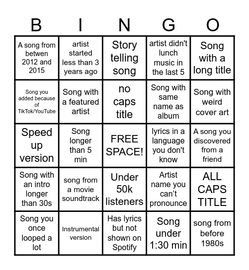 Spotify Liked Playlist Bingo Card
