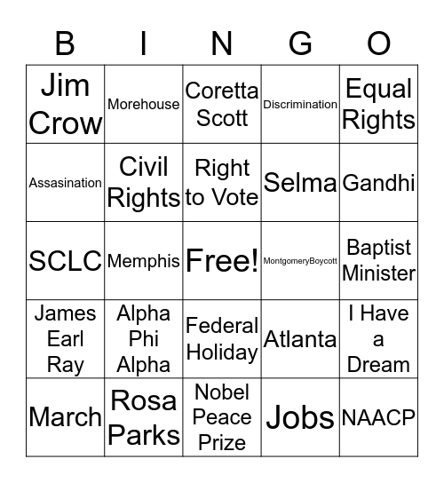 Dr. Martin Luther King, Jr Bingo Card