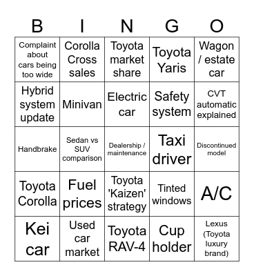 Toyota class! Bingo Card