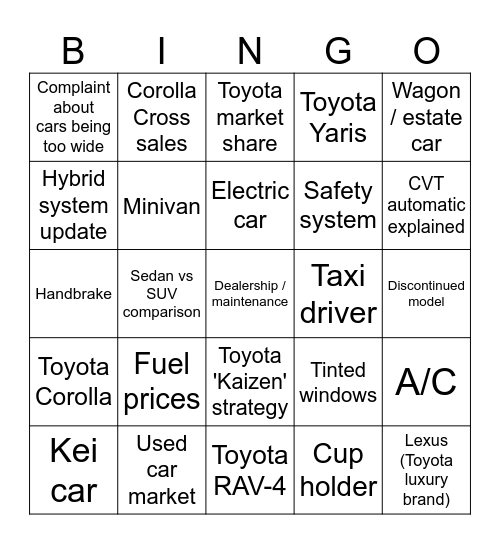 Toyota class! Bingo Card